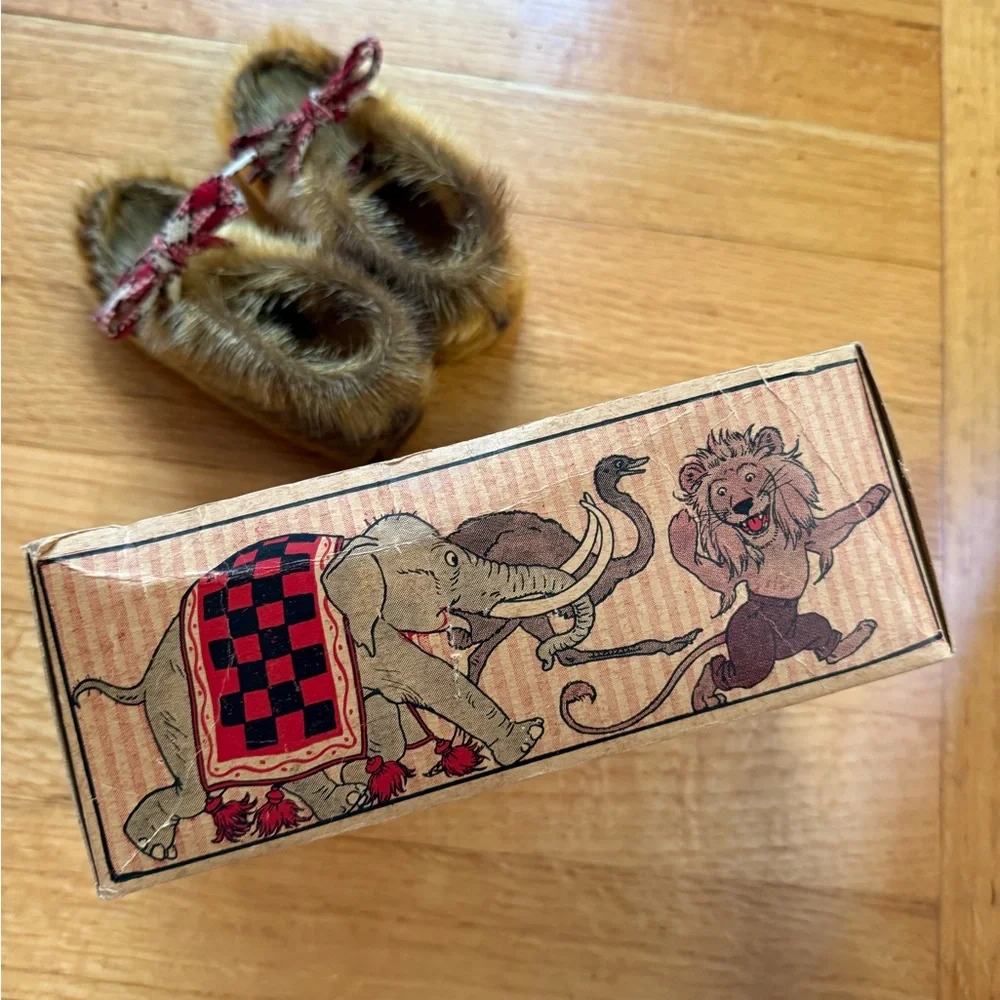 Vintage 60’s Zoo Pets Brand Seal Fur Moccasin Slippers with Red Plaid Bow